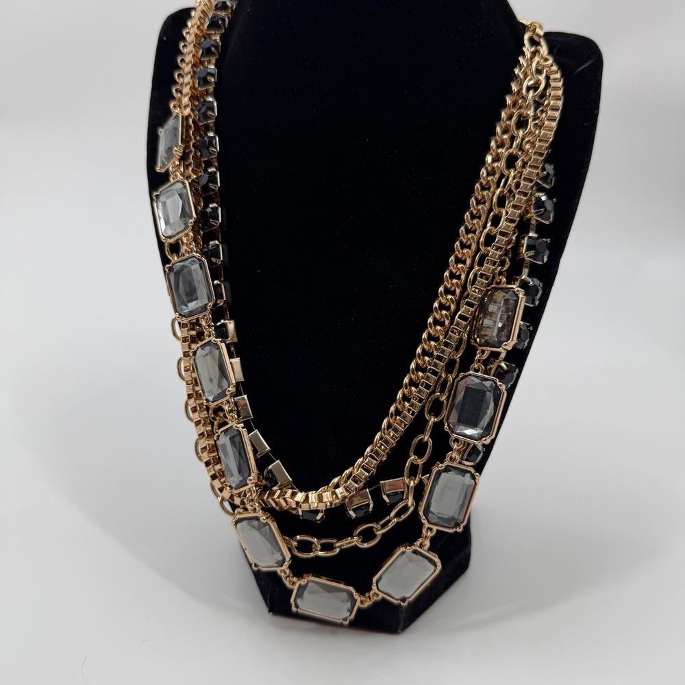 Avon 2014 Gold Tone Multi Strand Statement Necklace Gray Black Faux Gemstones